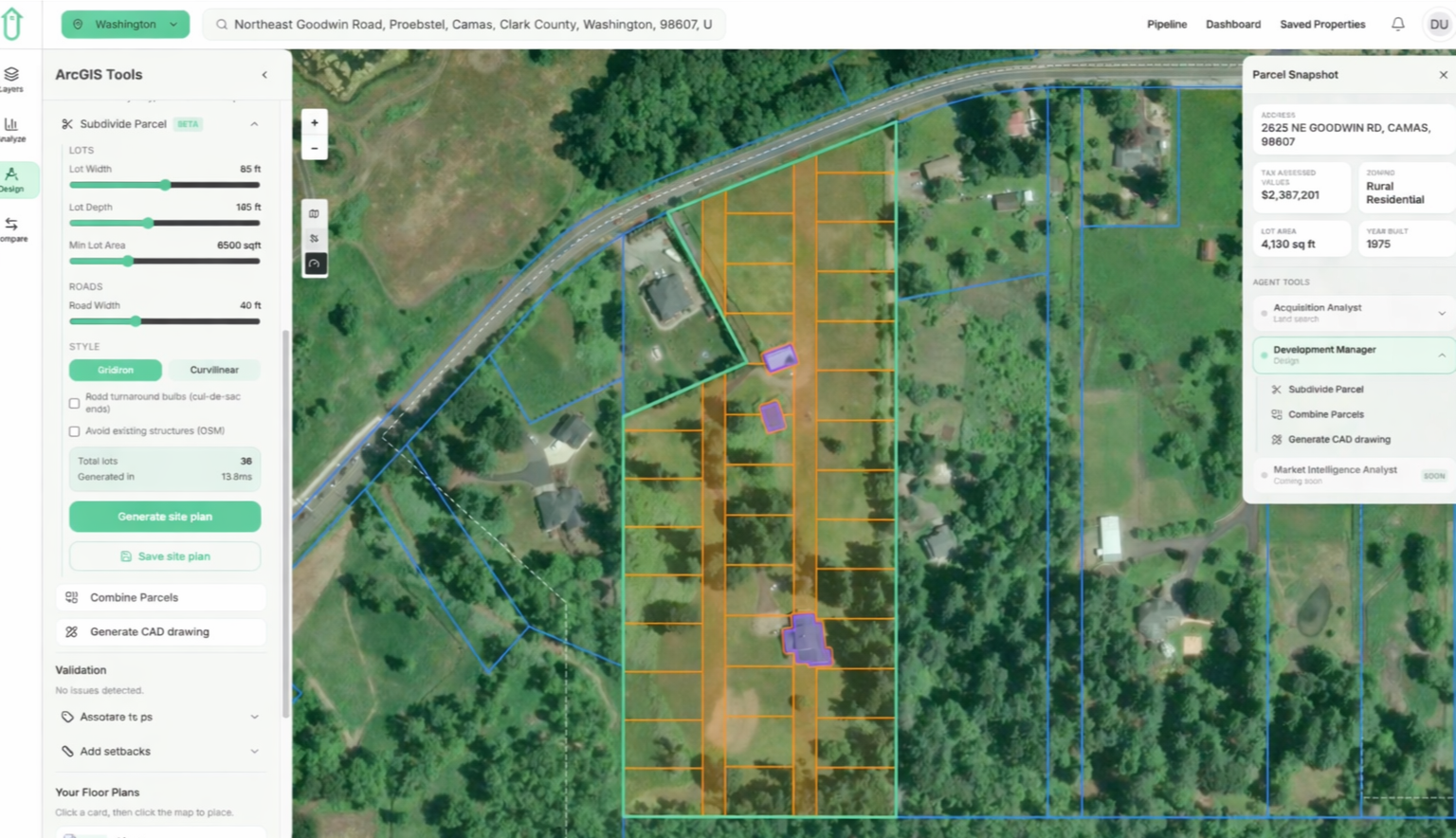 GroundUp site planning interface showing a conceptual development layout and supporting project analysis